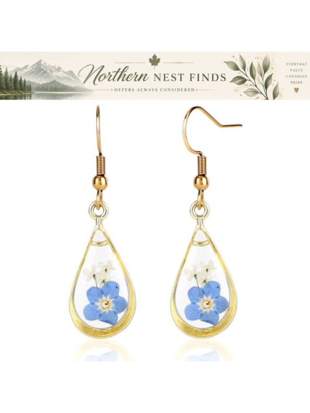 Teardrop Pressed Flower Earrings Resin Stainless Steel Dangle
